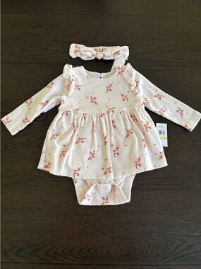 GAP Cream Floral Long-Sleeve Baby Dress Bodysuit with Headband